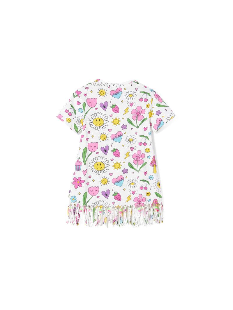 Girl white cotton dress with print and charms