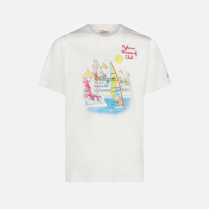 Man cotton t-shirt with Mykonos print