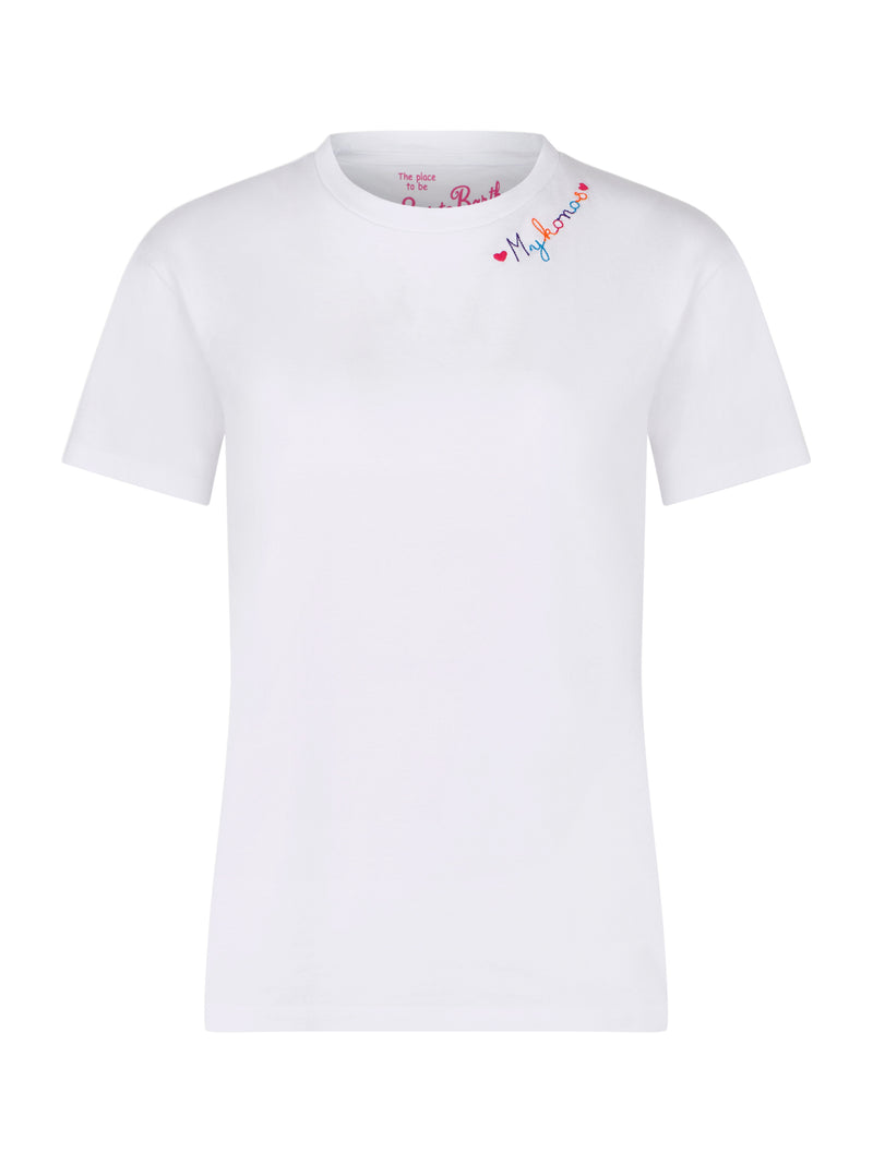 Woman cotton t-shirt with Love Mykonos embroidery