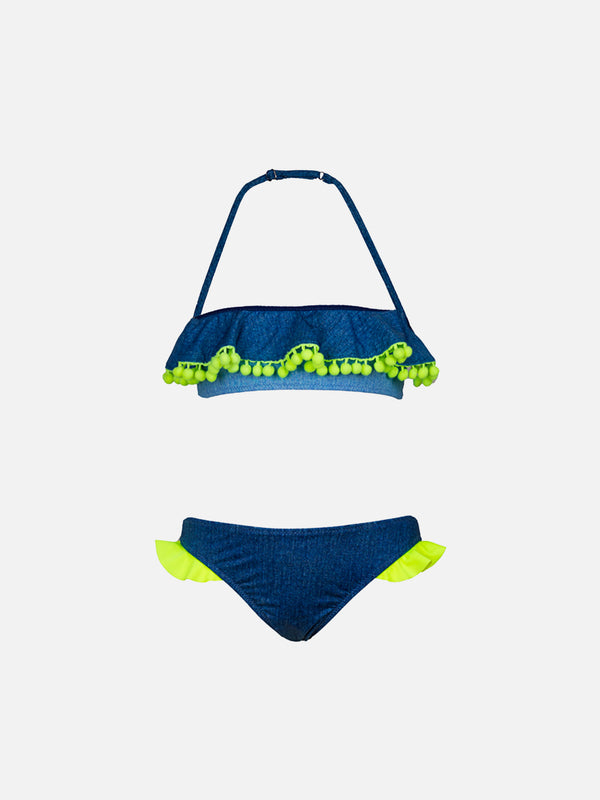 Bikini per bambina con pompon giallo fluo