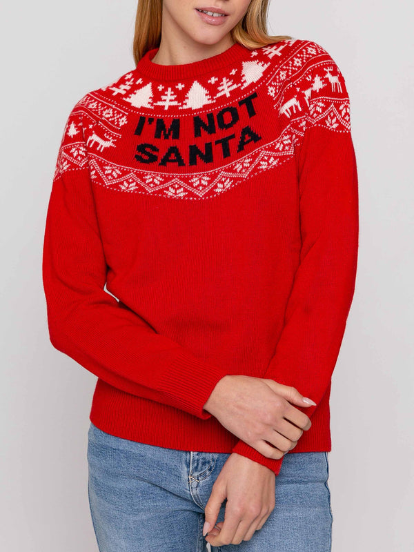 Woman crewneck red sweater with I'm not Santa print