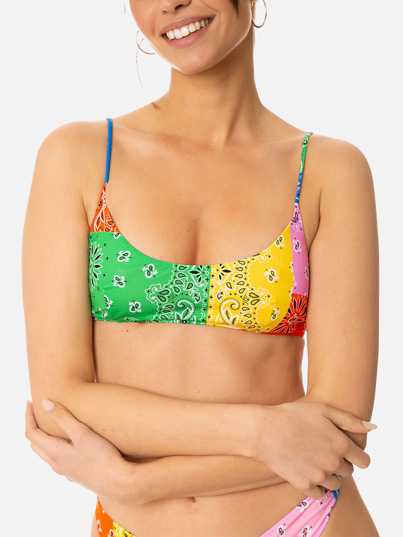 Woman bralette swimsuit with multicolor bandanna print