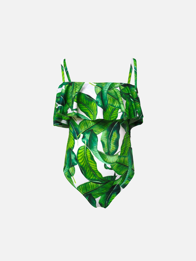 Girl one piece swimsuit with banana leaves print