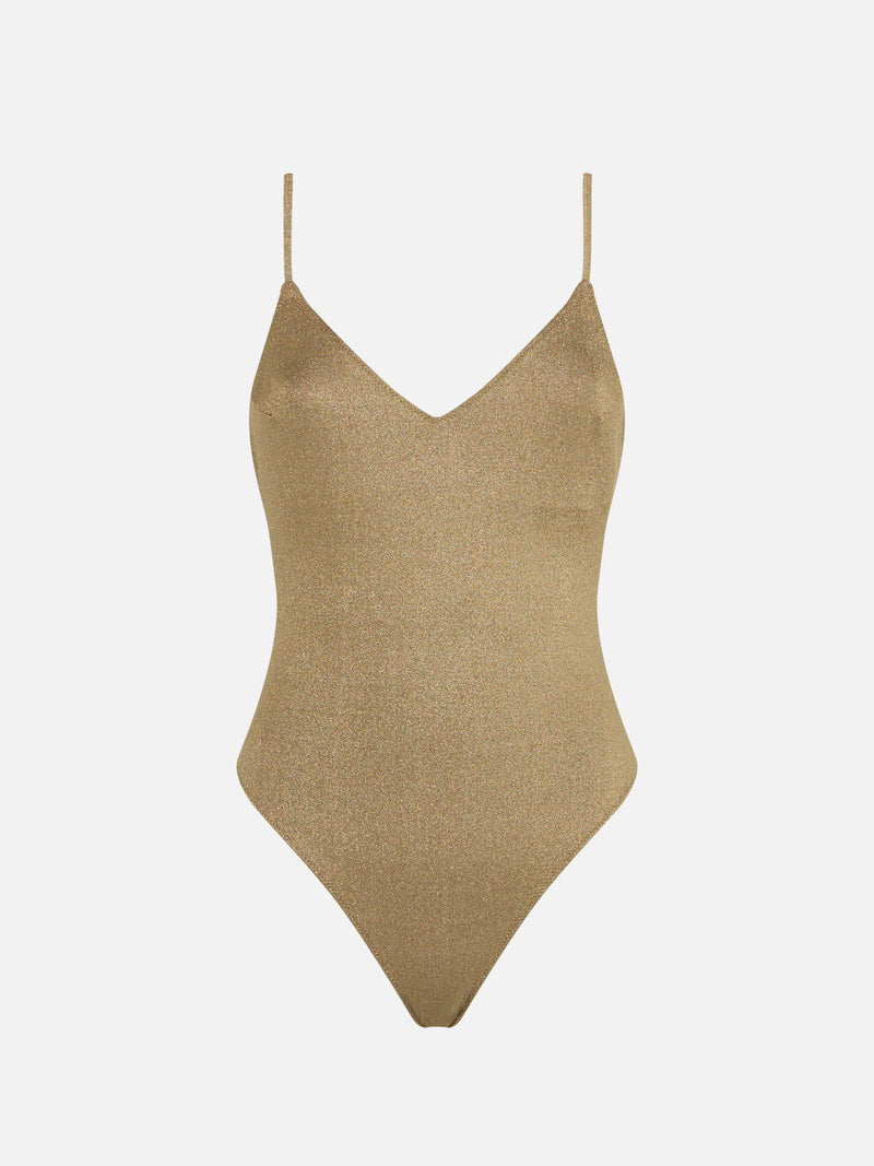 Woman gold one piece swimsuit