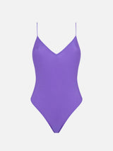 Woman purple one piece swimsuit