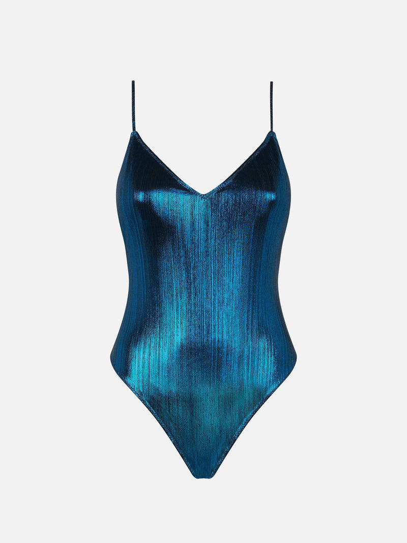 Woman lamina blue one piece swimsuit