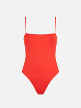 Woman orange one piece swimsuit