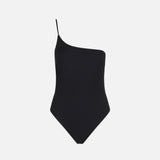 Woman black ribbed one shoulder one-piece swimsuit