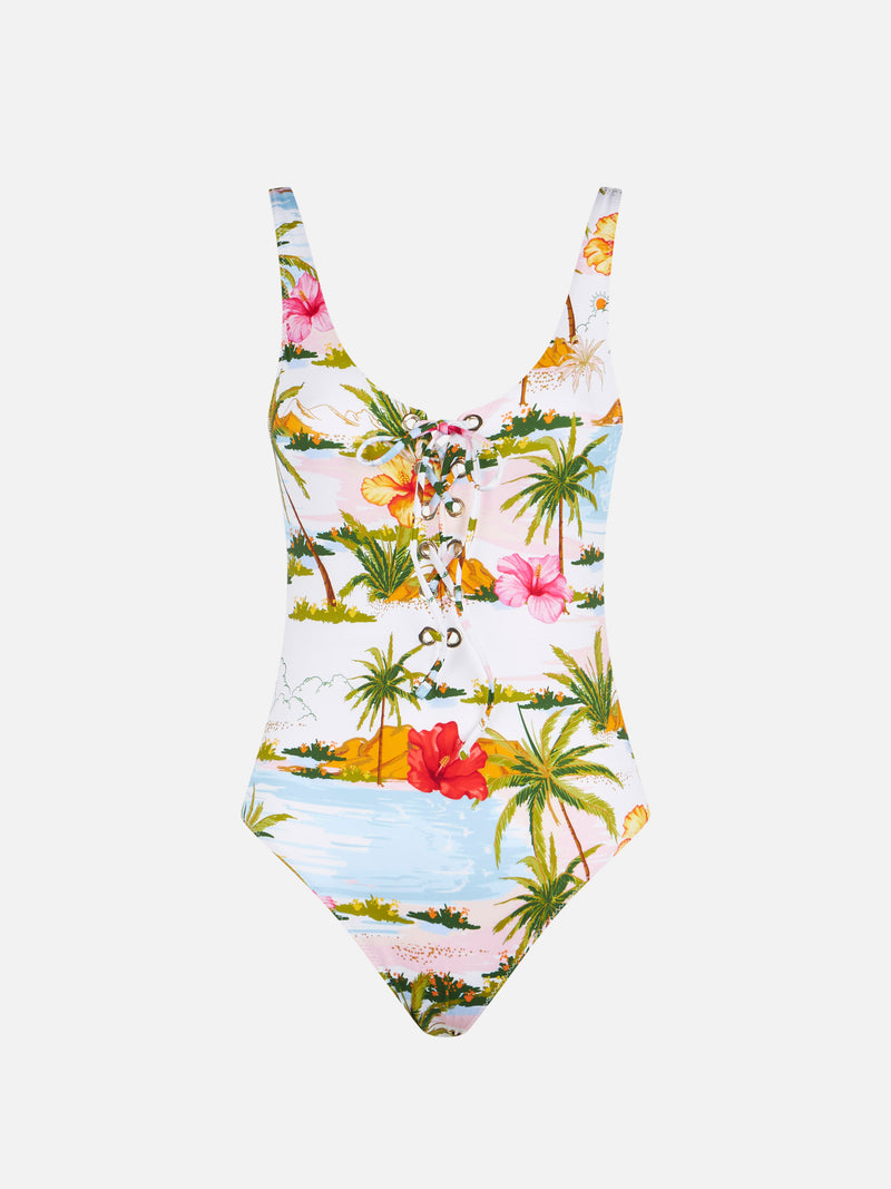 Woman one-piece swimsuit with tropical print