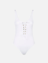 Woman white ribbed one-piece swimsuit