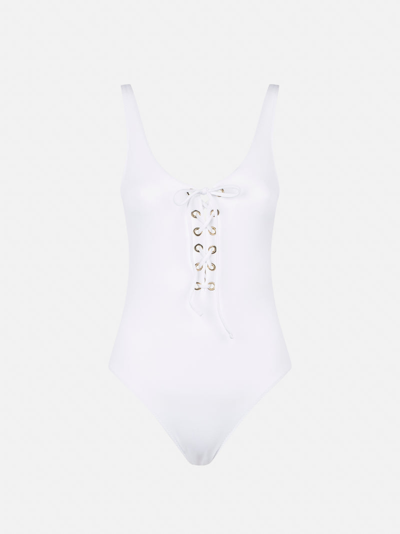 Woman white ribbed one-piece swimsuit