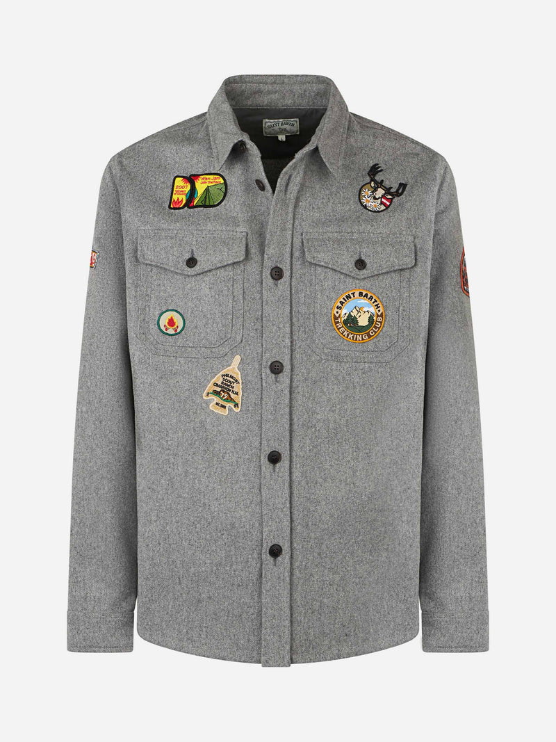 Man wooly grey overshirt with pockets and patches