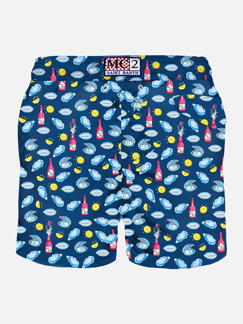 Man light fabric swim shorts with oyster and bollicine print