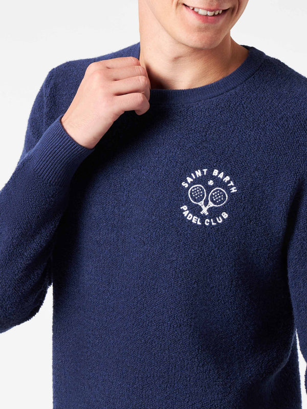 Man crewneck bluette bouclé sweater with Saint Barth Padel Club embroidery
