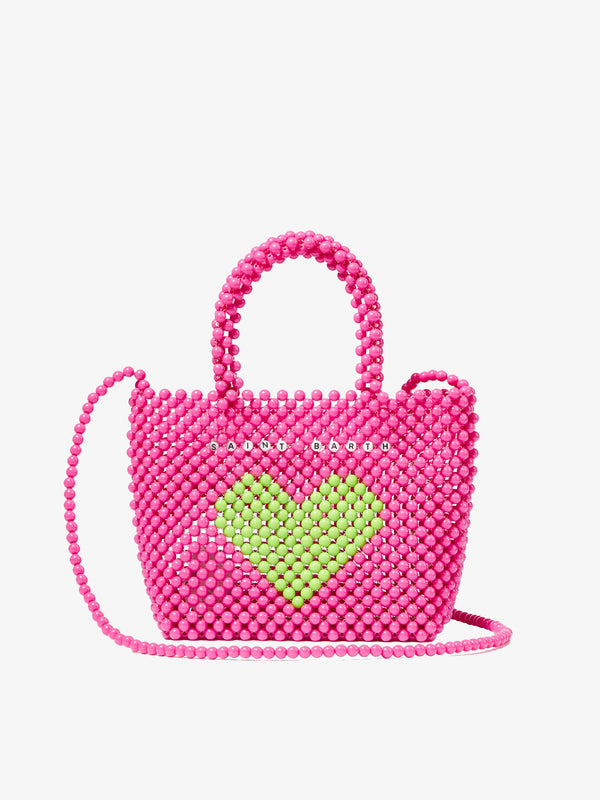Borsa a mano rosa con perline e cuore verde
