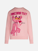 Woman crewneck pink sweater with Pink Panther Ancora Tu? Print | THE PINK PANTHER SPECIAL EDITION
