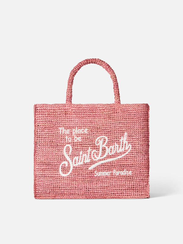 Vanity pink raffia bag with Saint Barth embroidery