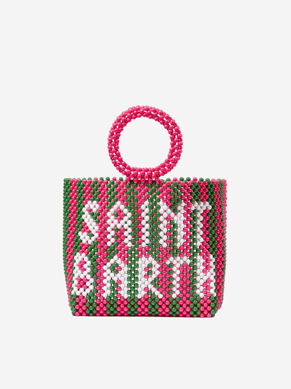 Beaded handbag with pink and green stripes