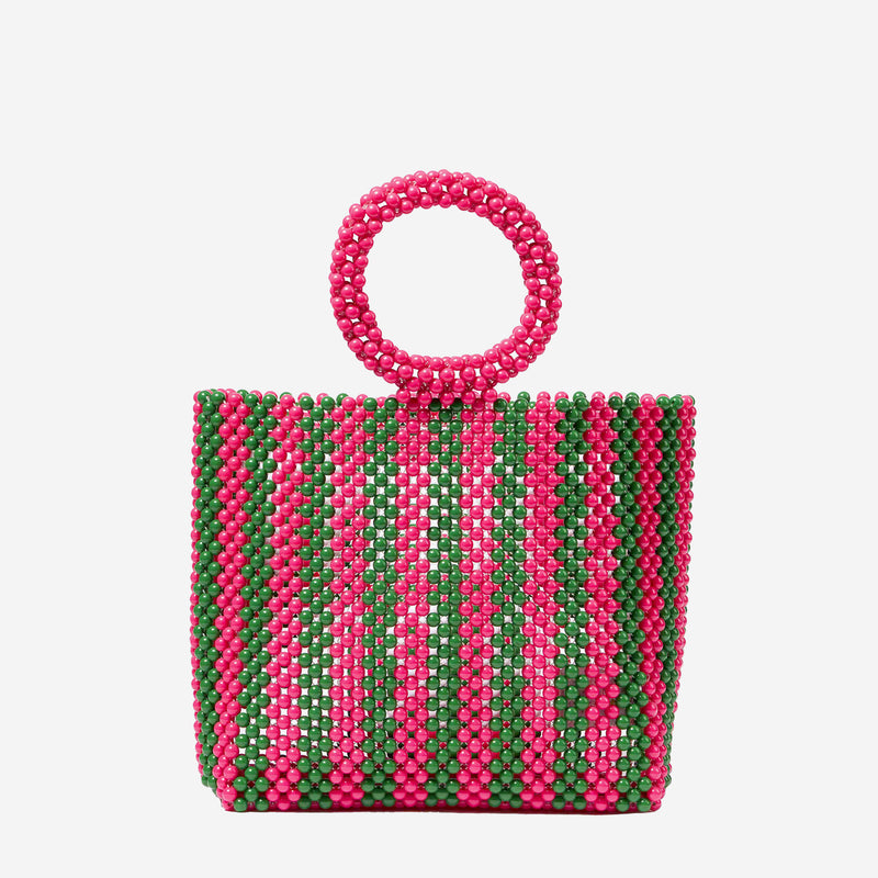 Beaded handbag with pink and green stripes