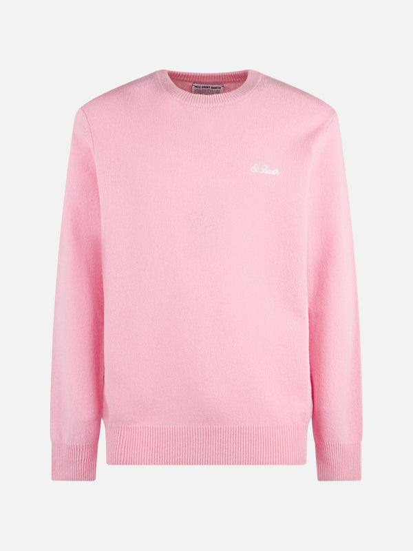 Man crewneck pink sweater with St. Barth embroidery