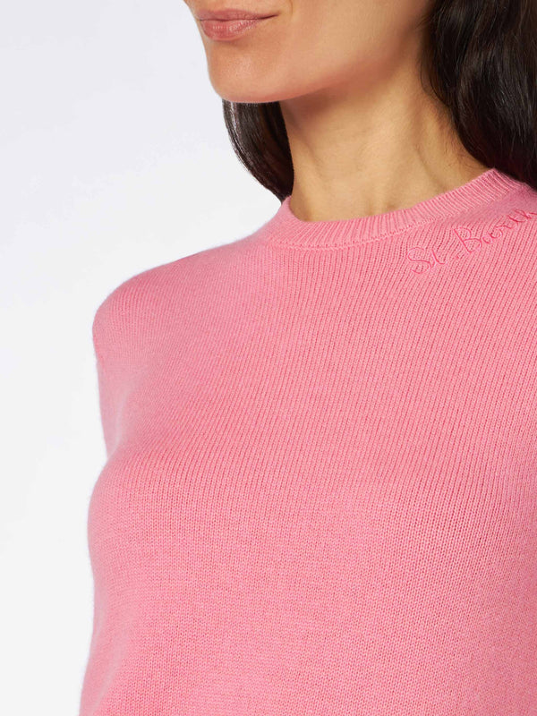 Woman crewneck pink sweater with St. Barth embroidery