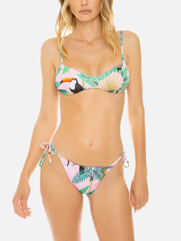 Rosafarbener Bikini mit tropischem Print und Bralette-Oberteil