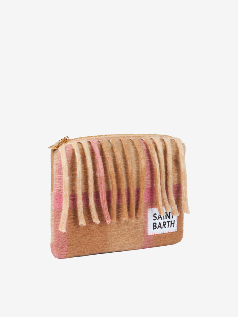 Parisienne-Decken-Umhängetasche mit rosa und beigem Schottenmuster