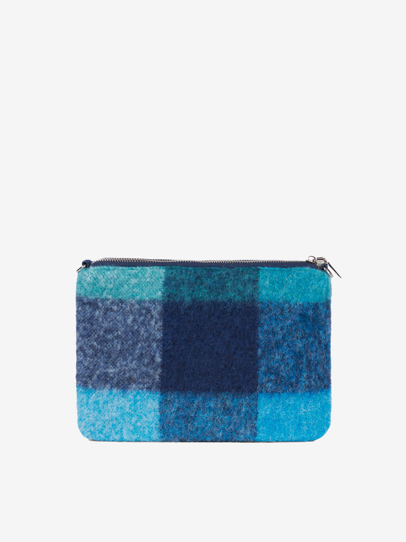 Parisienne blanket crossbody pouch bag with light blue check pattern