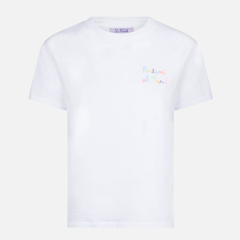 Woman cotton t-shirt with Portami al mare! embroidered