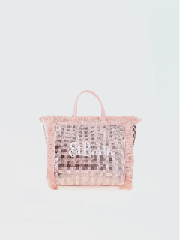 Mini-Vanity-Tasche mit Fransen und roségoldenen Strasssteinen