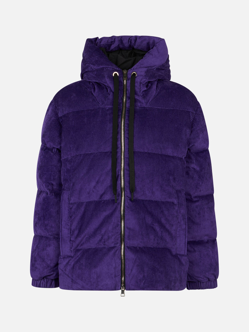 Woman purple corduroy down padded jacket with hoodie