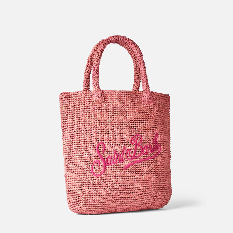 Raffia bucket pink bag with embroidery