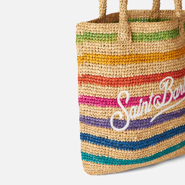 Raffia bucket bag with multicolor stripes and embroidery