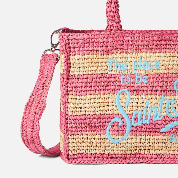Colette raffia handbag with white and pink stripes