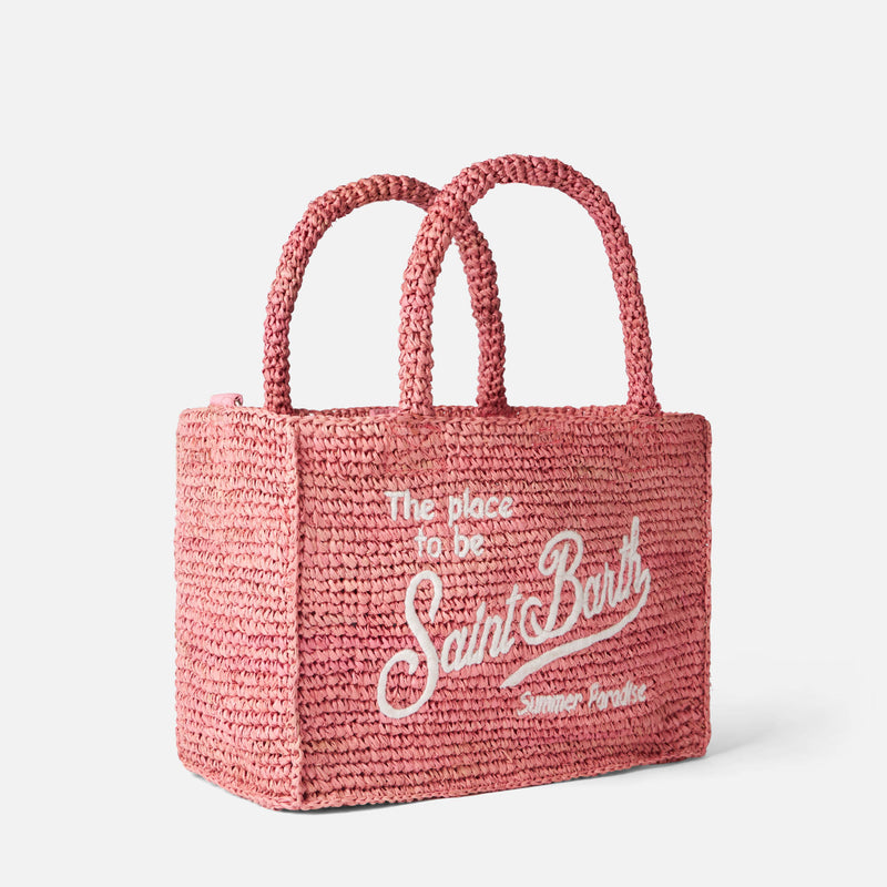 Colette pink raffia handbag with Saint Barth embroidery