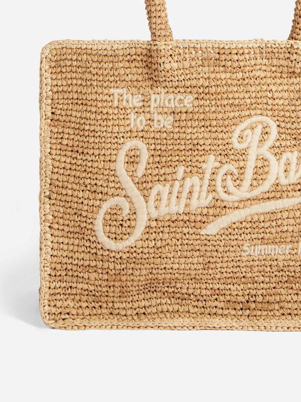 Raffia bag with white front embroidery