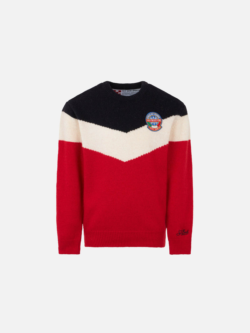 Red and blue boy sweater with patch
