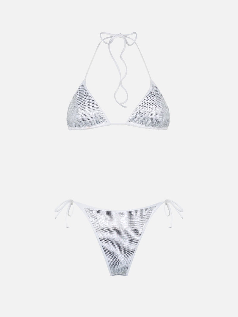 Weißer Damen-Triangel-Bikini mit Strasssteinen