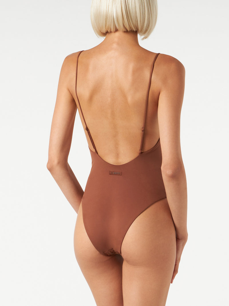 Woman one piece swimsuit with brown shades rhinestones