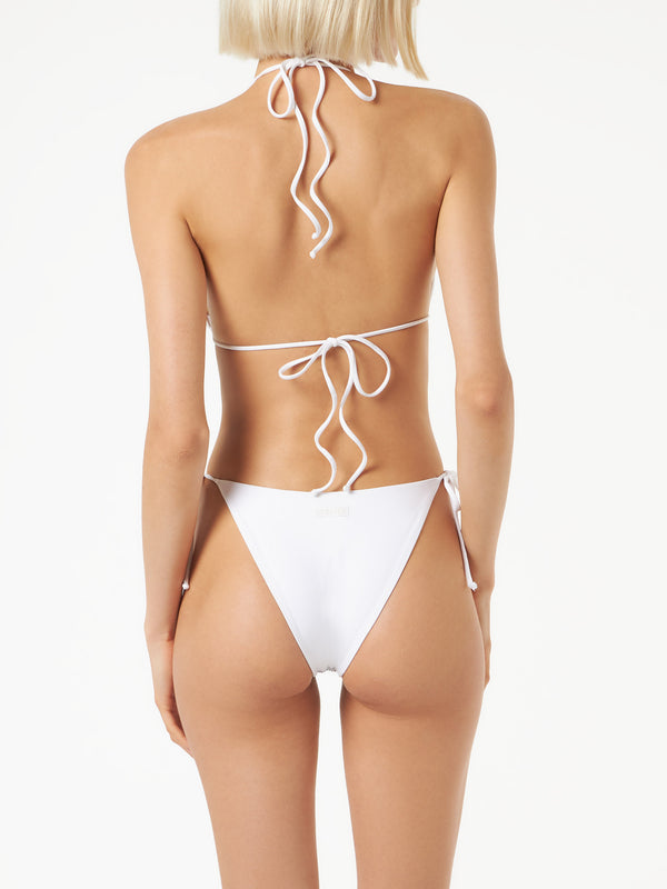 Woman white triangle bikini with rhinestones