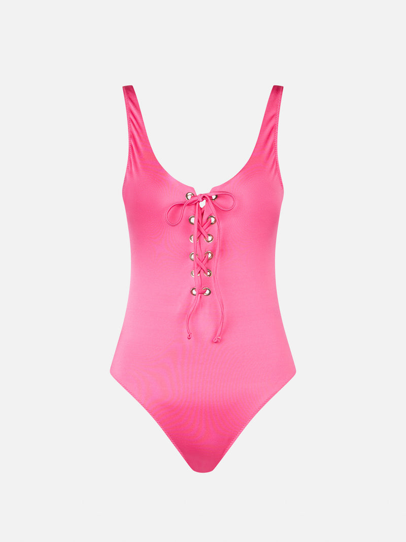 Woman pink one-piece swimsuit