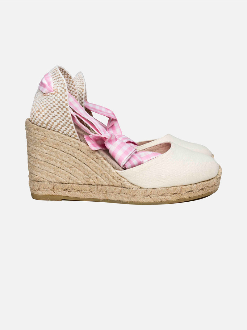 Natural print canvas espadrillas with hight wedge and ankle lace
