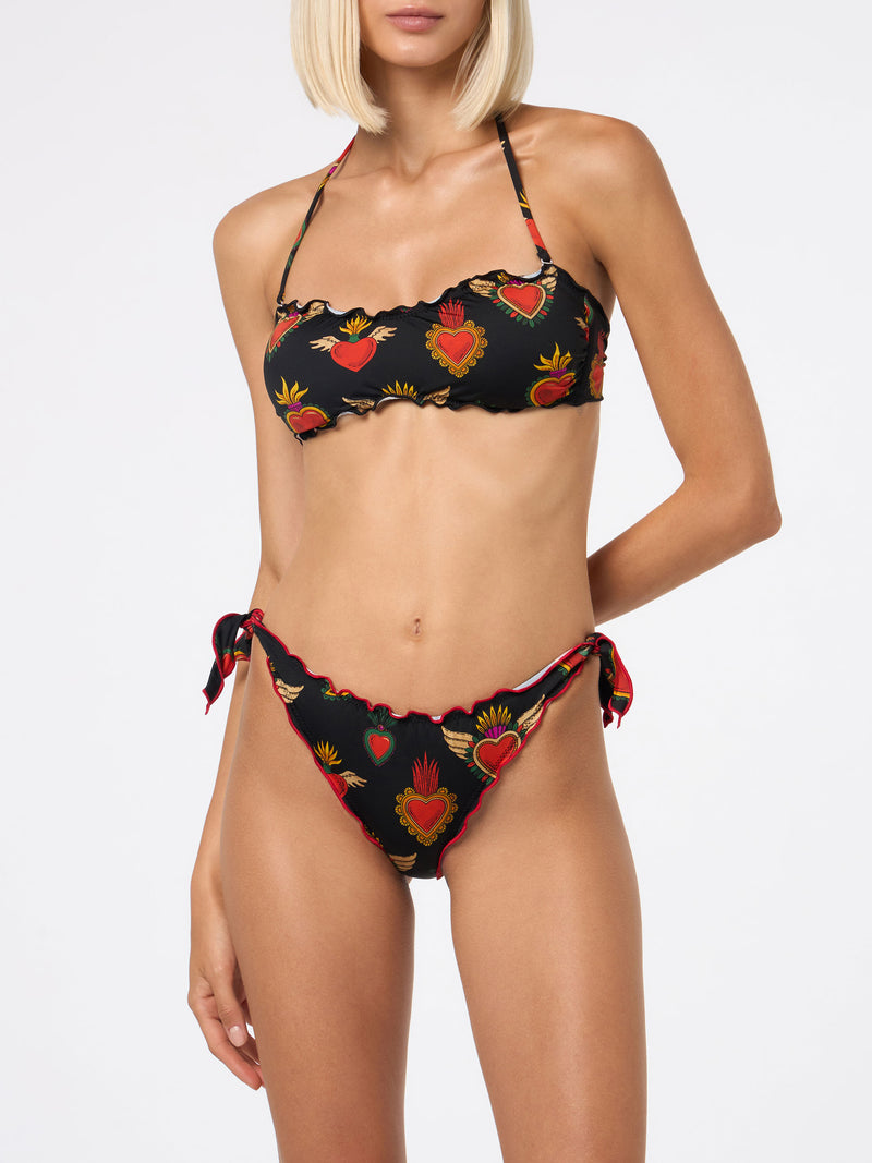 Woman bandeau bikini swimsuit with sacred heart print