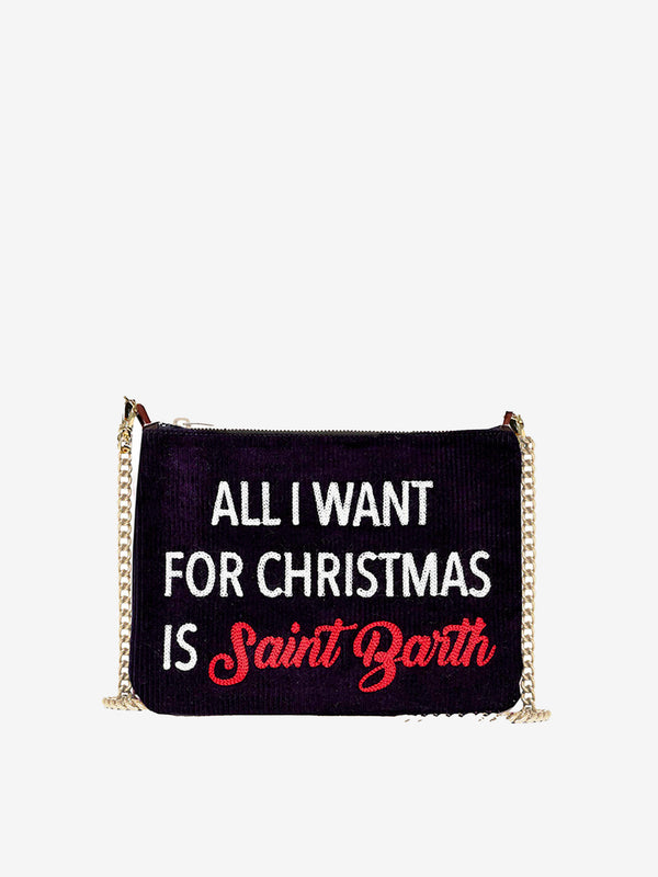 Parisienne velvet cross-body pouch bag  with All I want for Christmas is Saint Barth embroidery
