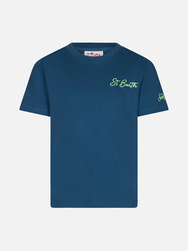 T-shirt blu da bambino in cotone con stampa St. Barth beach