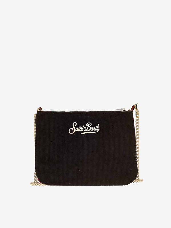 Parisienne velvet cross-body pouch bag  with All I want for Christmas is Saint Barth embroidery