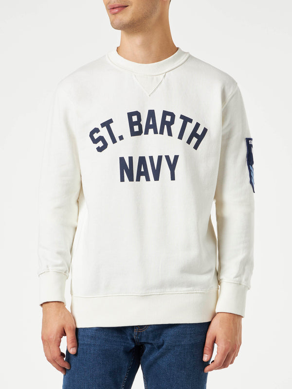 Man white sweatshirt with Saint Barth navy print
