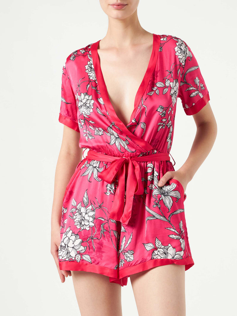 Red short jumpsuit with white flower print