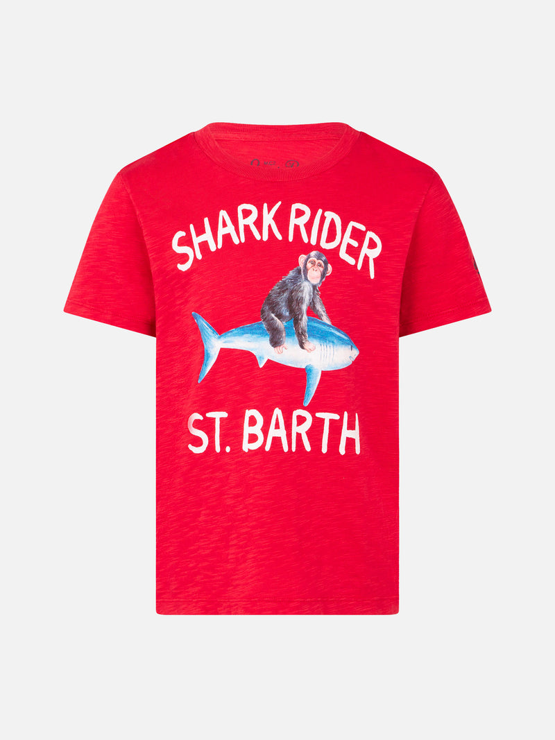 red boy's t-shirt shark rider St Barth print