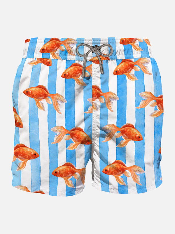 Fish  print on striped backcloth swim shorts